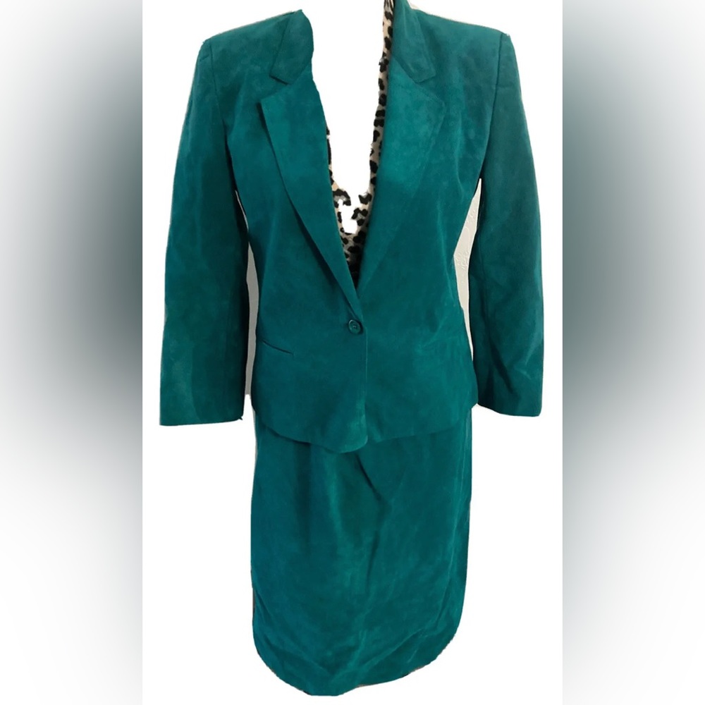 Skinner Ultimate Suede Jacket Skirt Set Size S Green Suede Blazer